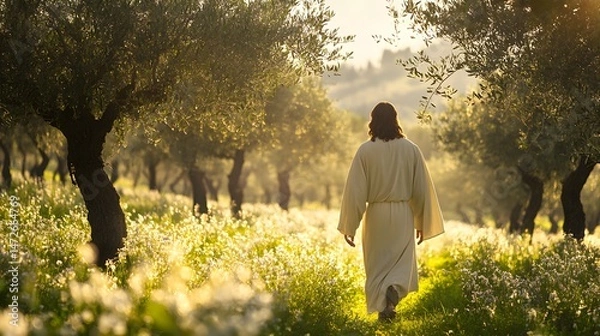 Fototapeta Jesus in white robe walking through an olive tree grove in a field of white flowers bathed in golden sunlight. Serene religious depiction.