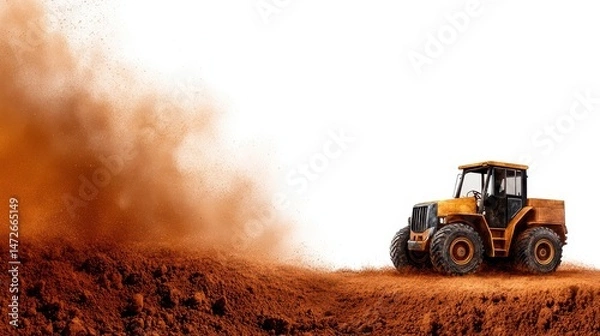 Fototapeta Yellow Tractor in Action Creating Brown Dust Cloud Against White