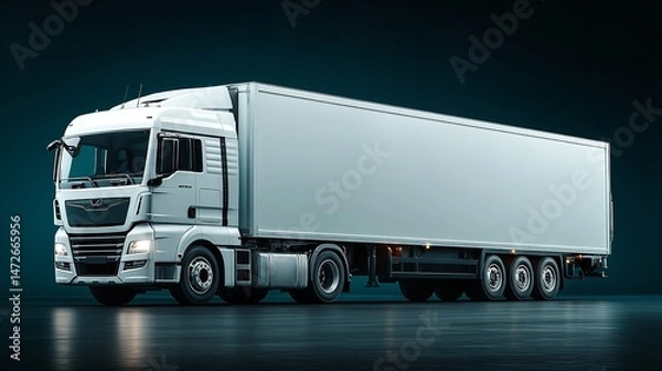 Fototapeta White Truck Mockup on Dark Blue Background – 3D Rendering with Blank Side for Branding, Advertisement, or Design Placement in Web Banner Format