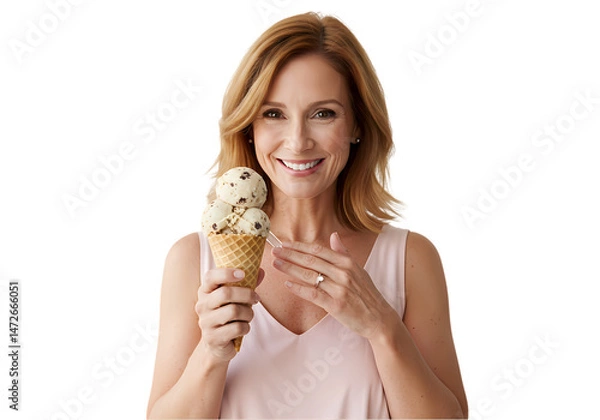 Fototapeta Smiling Woman Enjoying Delicious Ice Cream Cone isolated on transparent background