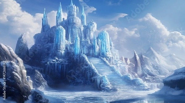 Fototapeta Majestic icy castle perched on a snowy mountain overlooking a frozen lake