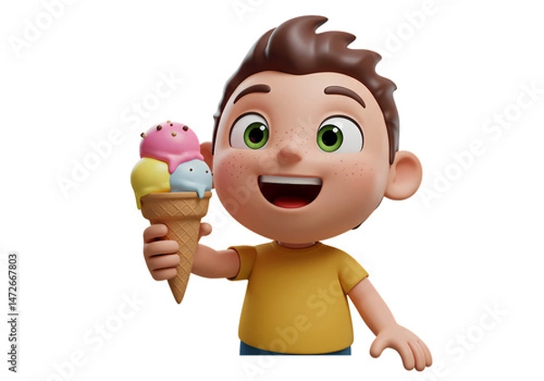 Obraz Happy Boy Eating Ice Cream Cone isolated on transparent background
