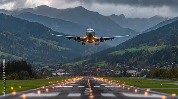 Fototapeta Wide-Angle View of Plane Approaching Runway with Scenic Alps Background and Dramatic Sky at Dusk