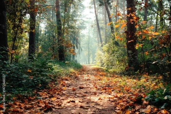 Obraz A serene forest path covered in autumn leaves, tranquility.
