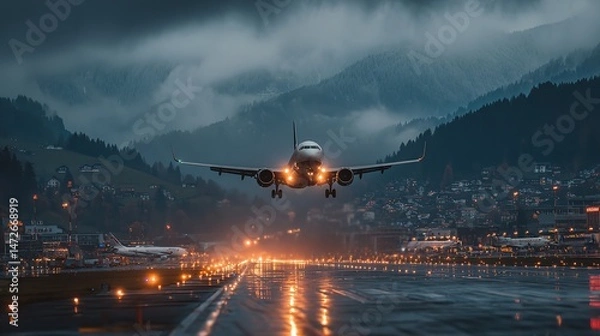 Fototapeta Wide-Angle View of Plane Approaching Runway with Scenic Alps Background and Dramatic Sky at Dusk
