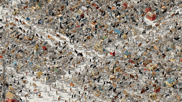 Fototapeta A hyper-detailed 3D rendering of a “Where’s Waldo?” scene reimagined entirely with dogs. Generative AI