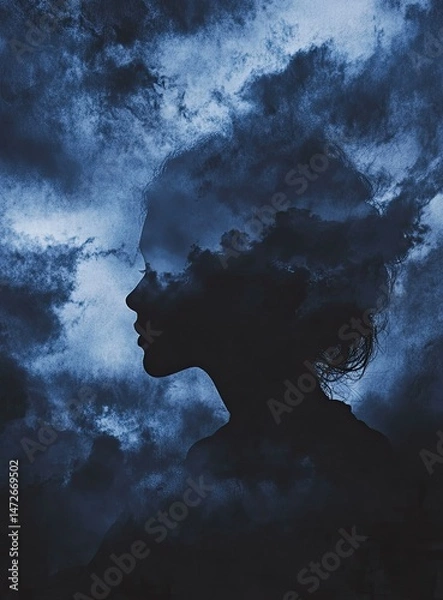Fototapeta A woman's profile,  her head veiled in storm clouds, suggesting a troubled mind or emotional turmoil