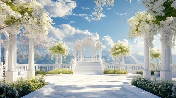 Fototapeta Peaceful garden with white columns and flowers under a bright blue sky in a serene setting