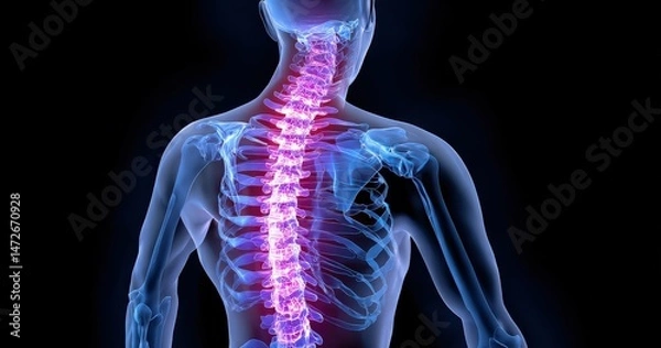 Fototapeta Illustration of human spine and skeleton in blue hues.