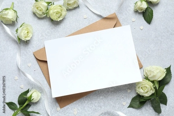 Obraz Beautiful white roses with paper card on light background