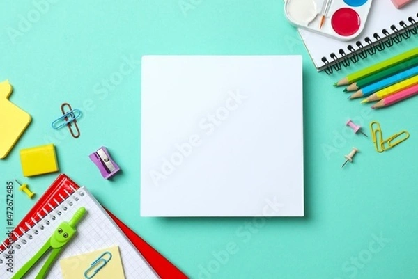 Obraz A collection of school supplies including pencils, notebooks and paints neatly arranged around a white card on a coloured background, ideal for school holidays or an educational context