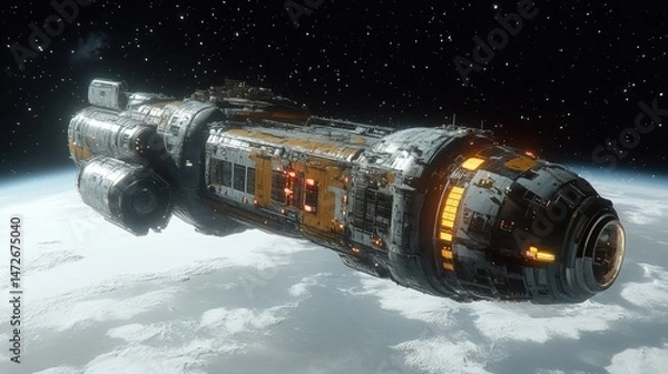Fototapeta Long, futuristic spacecraft orbiting a planet.