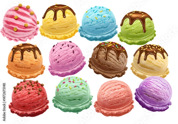 Fototapeta Colorful Ice Cream Scoops Delicious Dessert Background isolated on transparent background