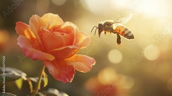Fototapeta Honeybee pollinates an orange rose in sunlight.  Close-up of a bee flying towards a vibrant, peach-colored rose. Soft focus on background flowers. Golden light highlights the scene