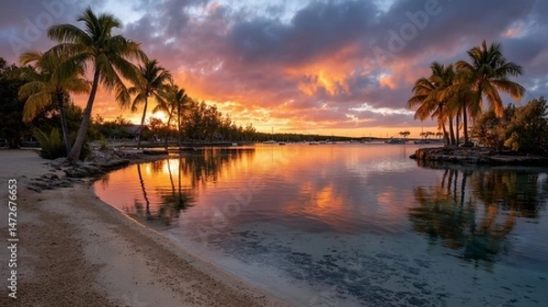 Obraz Tranquil sunset bay with palm reflections