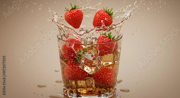 Fototapeta Morangos frescos mergulhando em bebida com gelo em splash dinâmico. Conceito refrescante, vibrante e gourmet.