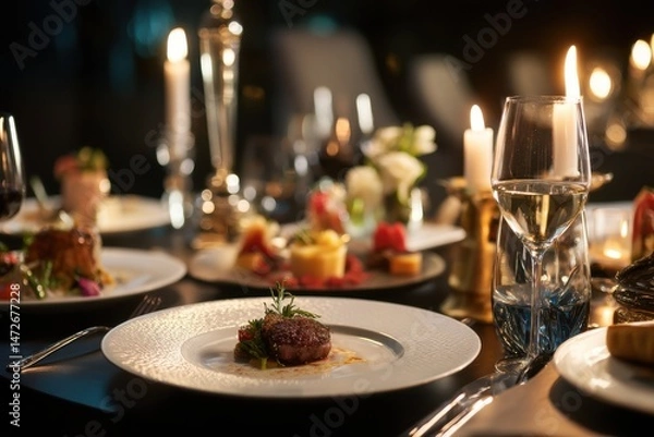 Fototapeta A romantic dinner setup with candlelight and fine dining, showcasing elegance and intimacy