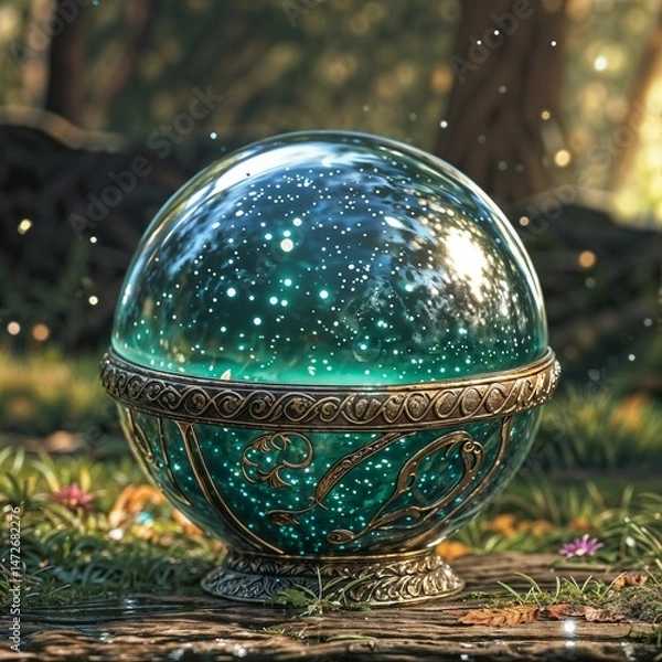 Fototapeta green crystal ball with golden patterns in forest setting for use in fantasy themed projects and natural mystic designs