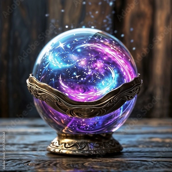 Fototapeta glowing cosmic crystal ball with swirling sparkles and ornate metal base for use in fantasy visuals and magical themed designs