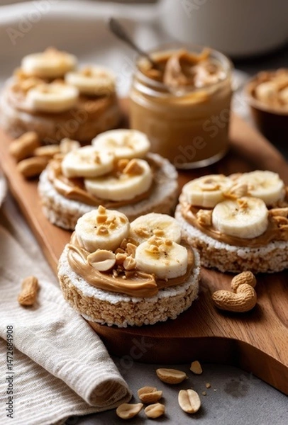 Fototapeta Delicious Rice Cakes Topped with Creamy Peanut Butter Slices of Fresh Banana and Chopped Nuts on Wooden Board with Natural Light