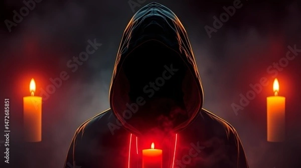 Fototapeta hooded figure with candles in dark eerie atmosphere for use in horror, mystery, or gothic themed projects