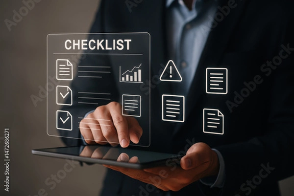 Obraz Checklist online document practices and policies concept, Businessman use tablets to check steps through policies document company articles of association Terms and Conditions, Quality inspection
