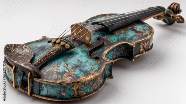 Fototapeta Antique turquoise and gold violin with ornate detailing on white background.
