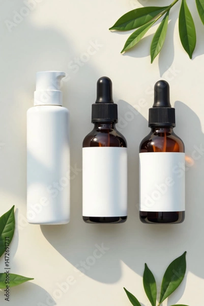 Fototapeta Skincare Bottles Mockup Natural Amber and White for Organic Products with Copy Space