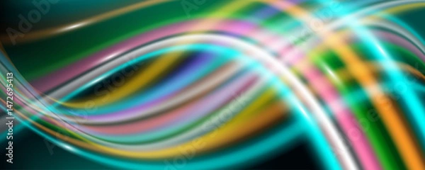 Fototapeta Abstract background with colorful curves in green, blue, pink, and yellow on a dark backdrop. Glowing waves and blurred edges create a dynamic, futuristic digital art style with motion.