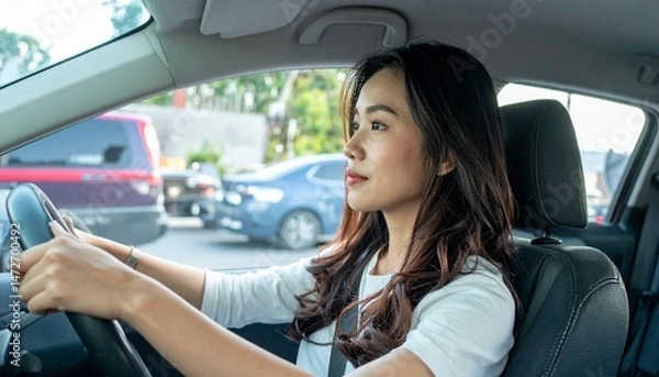 Fototapeta Serene Driver: A focused and composed individual navigates through city streets, embodying a sense of independence and control while enjoying the journey.