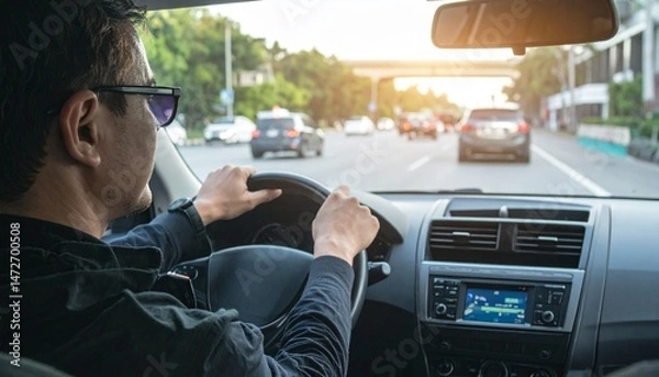 Fototapeta Driving on the road: An eye-level perspective, the driver navigates the city's artery, a blur of movement and focused intent captured from behind the wheel.