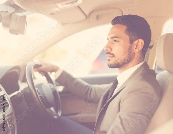 Fototapeta  Focused Driving: A man intently steers a modern car, engrossed in the task of navigating the road, capturing the essence of focused driving and journey