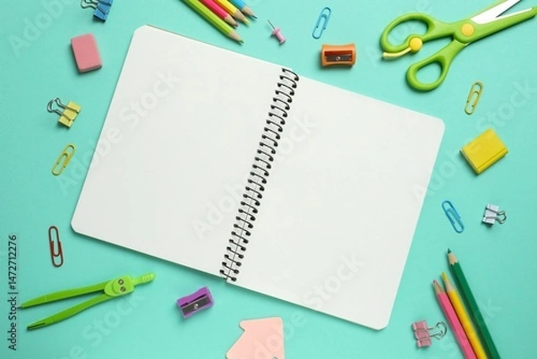 Obraz Flat lay with school stationery on color background, top view