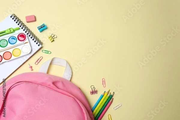 Obraz A vibrant pink backpack with colorful school supplies on a pastel backdrop