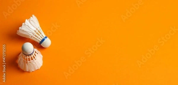 Obraz Badminton shuttlecocks on color background, top view, space for text
