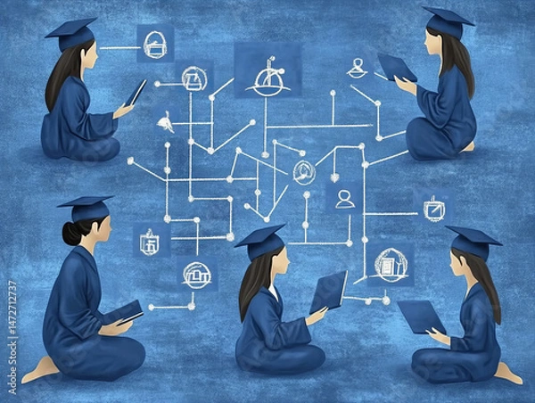 Obraz Students in graduation gowns engaged in digital learning and technology exploration on a blue background