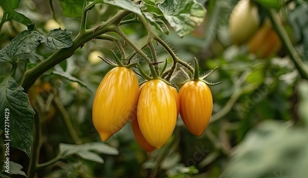 Obraz Clusters of vibrant yellow tomatoes on vine