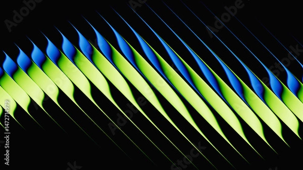 Obraz 3d render, dynamic abstract geometric stripes in blue and green gradient on a black background