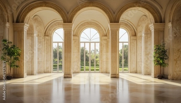 Fototapeta Grand, sunlit hall with arches and windows
