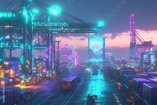 Fototapeta Futuristic port cityscape at twilight.  Vibrant neon lights illuminate the cargo containers and cranes