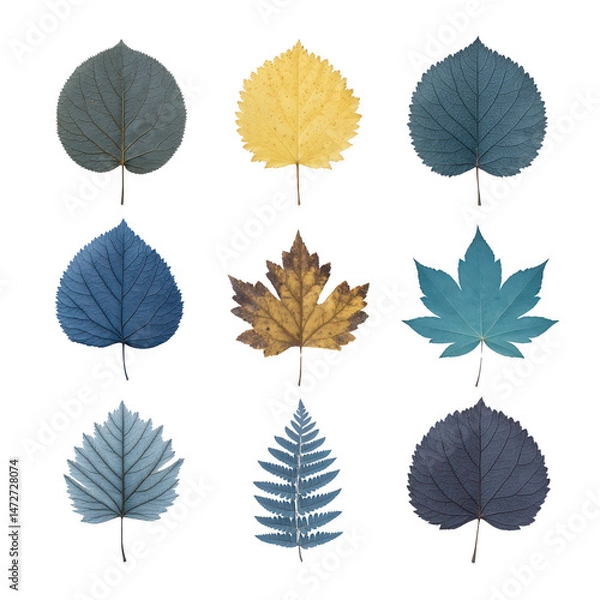 Fototapeta Collection of nine leaves various shapes and colors, including shades of blue, yellow, and brown, arranged grid pattern transparency background. leaves display diverse textures and forms