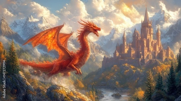 Fototapeta Fiery dragon soaring above a majestic castle in a mountainous landscape.