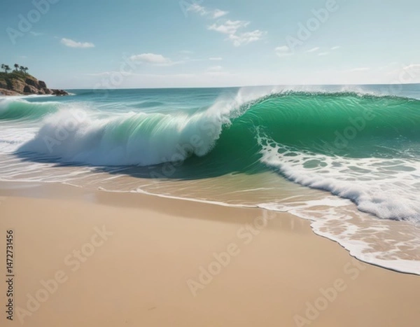 Fototapeta Emerald green waves curl, crashing on a pristine, sandy beach ,  wave,  foam