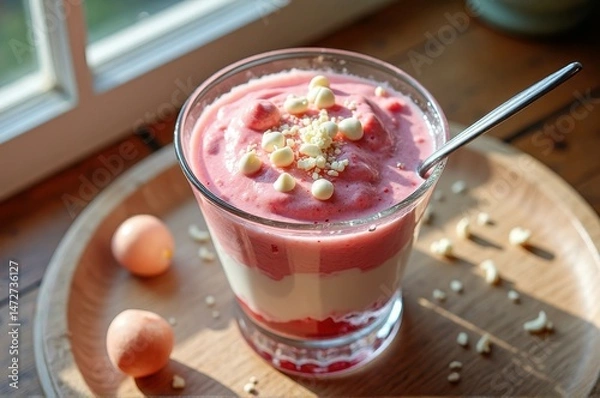 Obraz Delicious strawberry mousse with white chocolate chips in sunlit kitchen