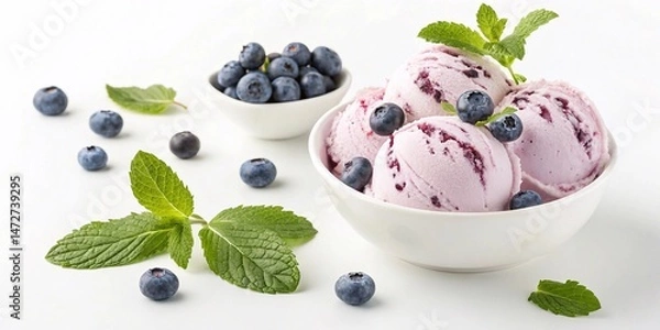 Fototapeta an ice cream with blueberry jam swirls and blueberries and fresh mint leaves floating around, a realistic ad poster with the main focus on the product, minimalist and tasty looking, plain background