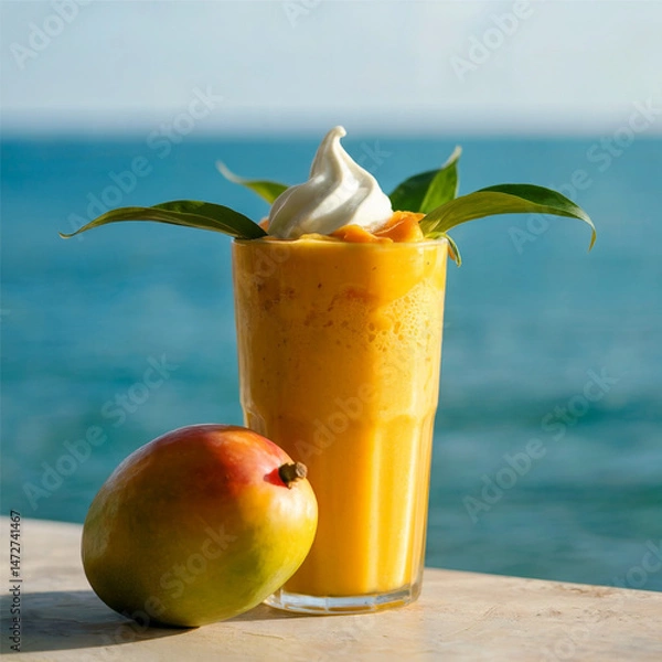 Obraz Tropical Mango Bliss: A vibrantly colored mango smoothie, crowned with a dollop of whipped cream and garnished with fresh green leaves, alongside a ripe mango.