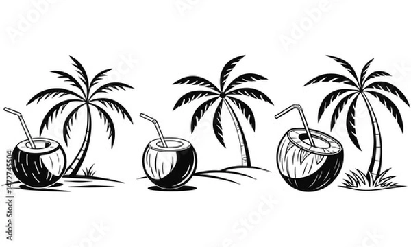 Fototapeta Tropical island palm trees with sunset and ocean landscape in vector illustration