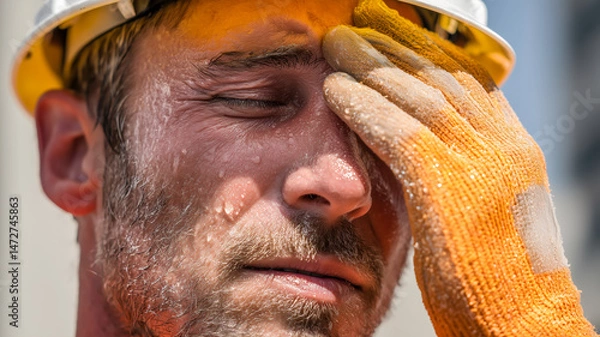 Obraz Construction worker wipes sweat from brow. Heat exhaustion, labor safety, and occupational health concerns. Hard work in warm climate.