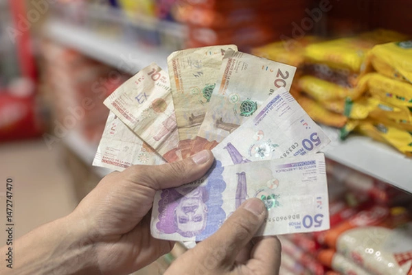 Fototapeta Shopping in a grocery store, close-up of hands with Colombian pesos