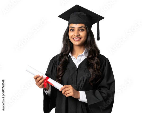 Fototapeta An Indian woman in a graduation gown holding a diploma isolated on a transparent background